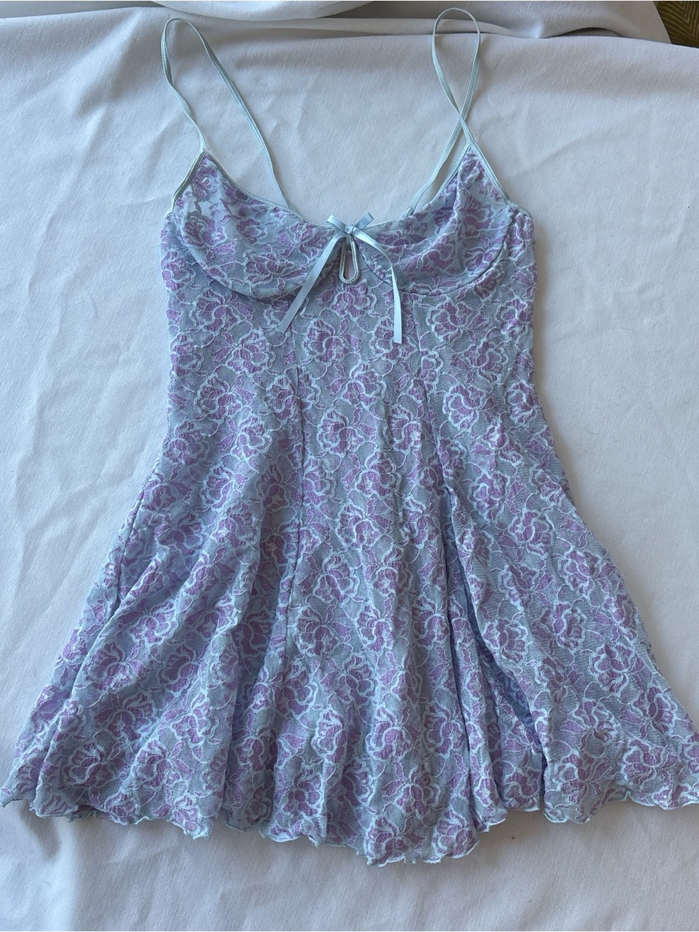 American Vintage Lavender Floral Lace Slip Dress with Mint Trim
